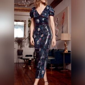 Marchesa notte velvet trim sequin floral print sheath dress NWT